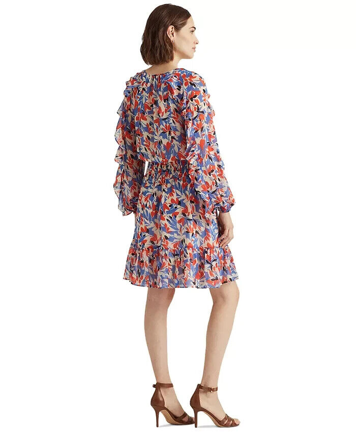 Lauren Ralph Lauren Floral Crinkled Georgette Dres Blue orange Size 4 MSRP $185
