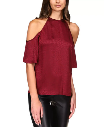 MICHAEL KORS Cold-Shoulder Cheetah-Print Top Wine Red size P/XS MSRP $88