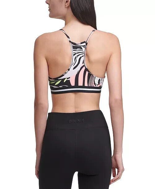 Dkny Womens Printed Racerback Medium Impact Sports Bra black Size M MSRP $45