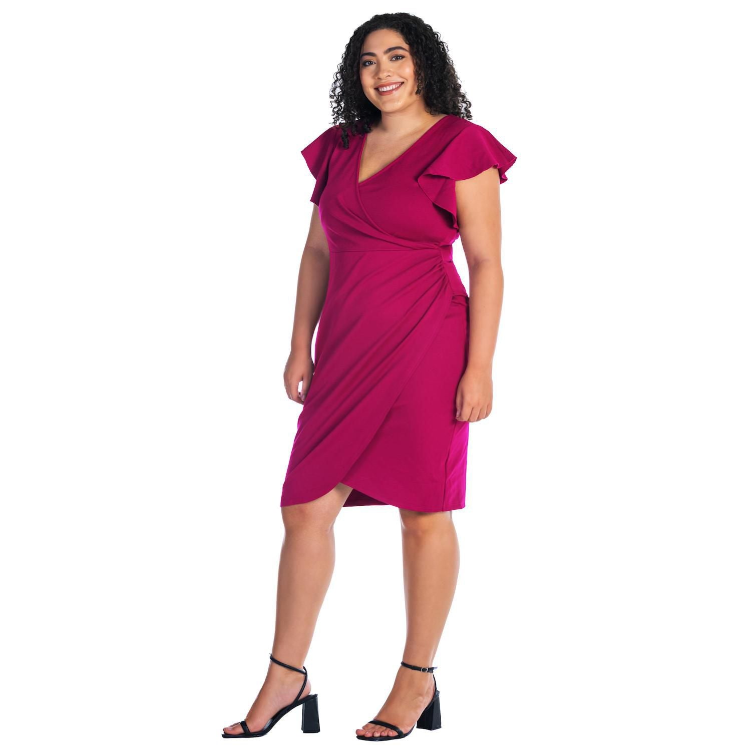 24Seven Comfort Apparel Ruffle Knee Dress Pink Magenta Plus Size 1X MSRP $97