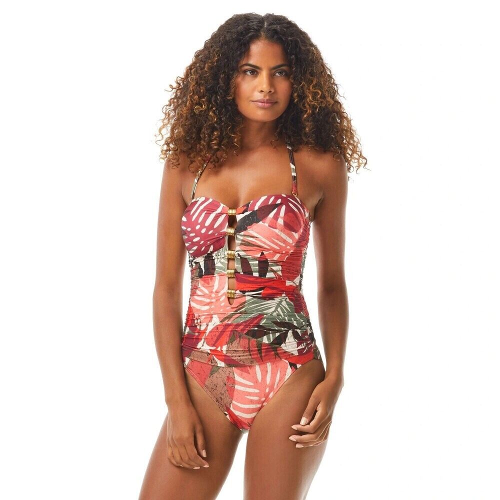 Carmen Marc Valvo Womens Printed Ruched Bandeau One-Piece Swimsuit Red Size 8