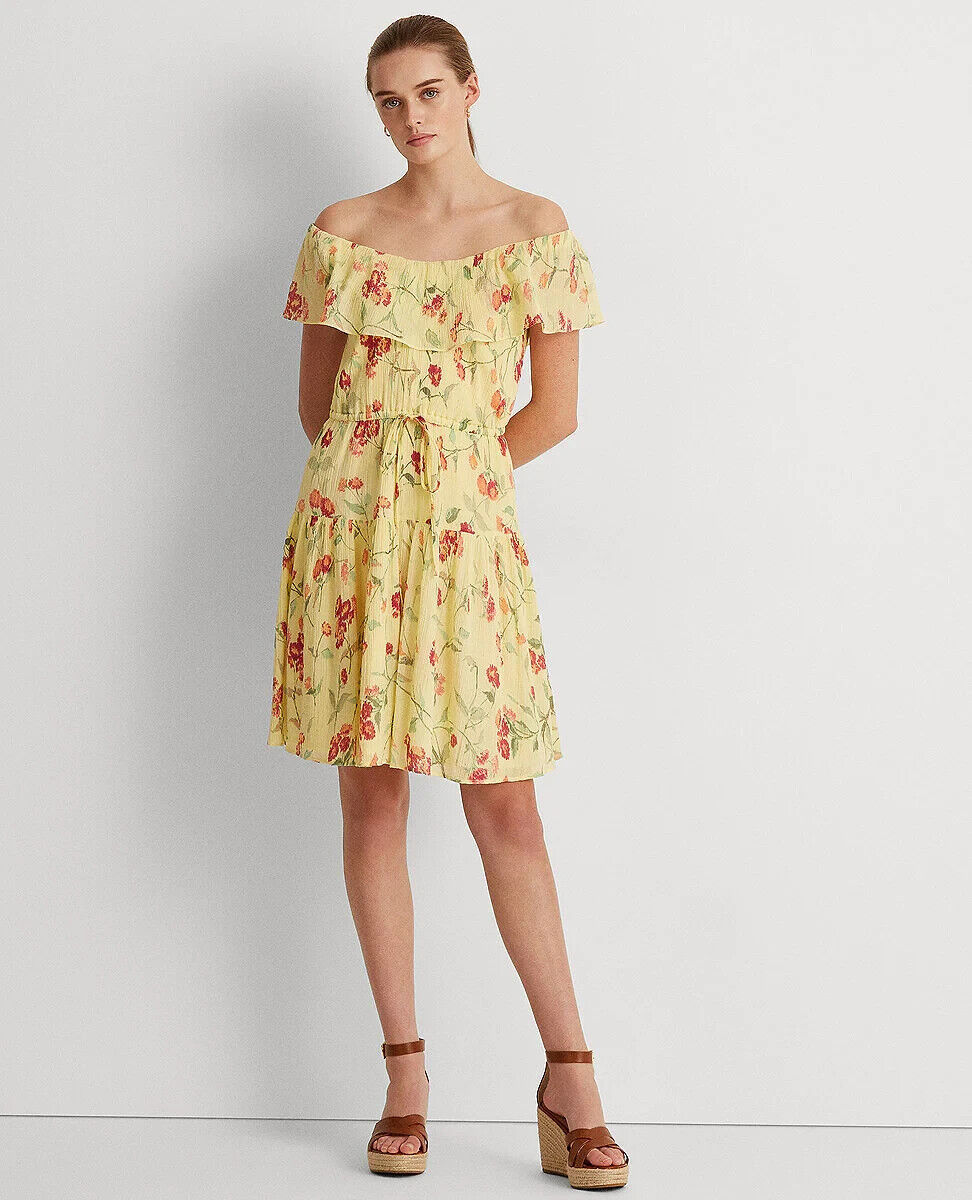 Lauren Ralph Lauren Floral Crinkled Cotton Dress Yellow Size 14 MSRP $145
