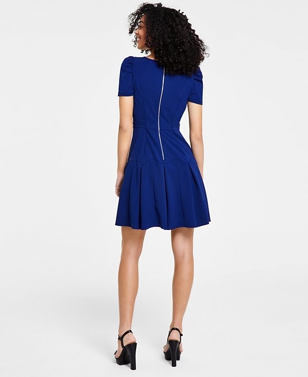 KARL LAGERFELD PARIS Scuba Crepe A-Line Puff-Sleeve Pleat Dress Blue Size 4 $148