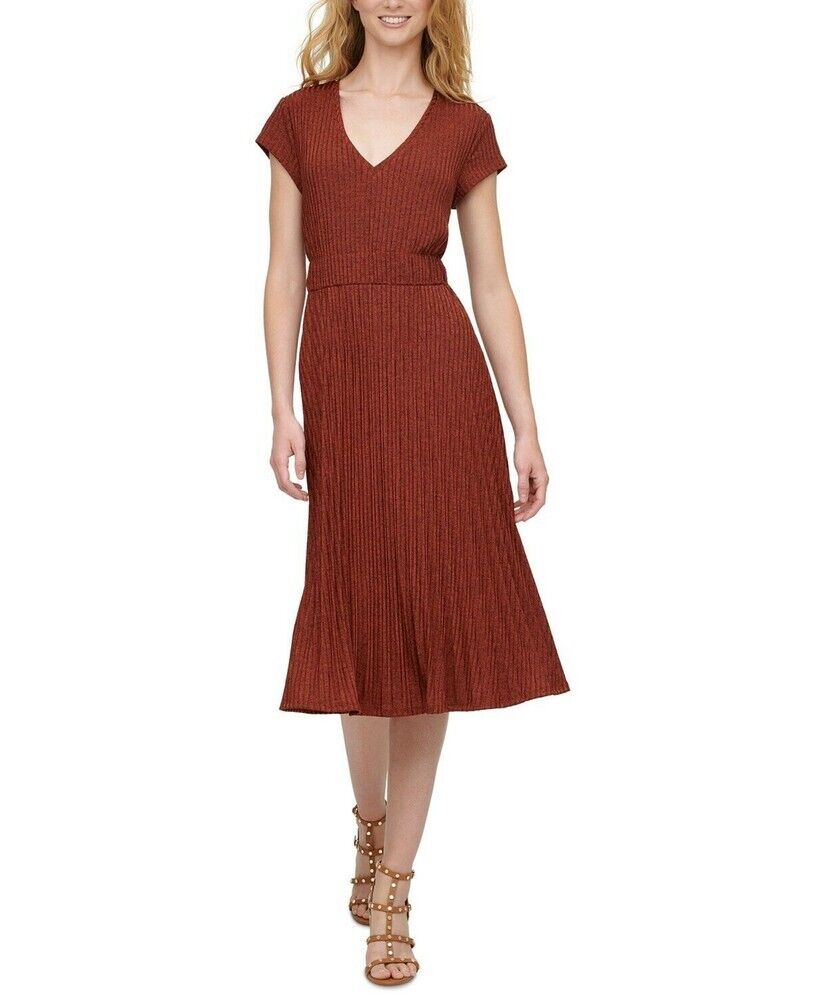 Dkny Women's Textured Midi V-Neck Knit Dress Rust Size XS MSRP $115