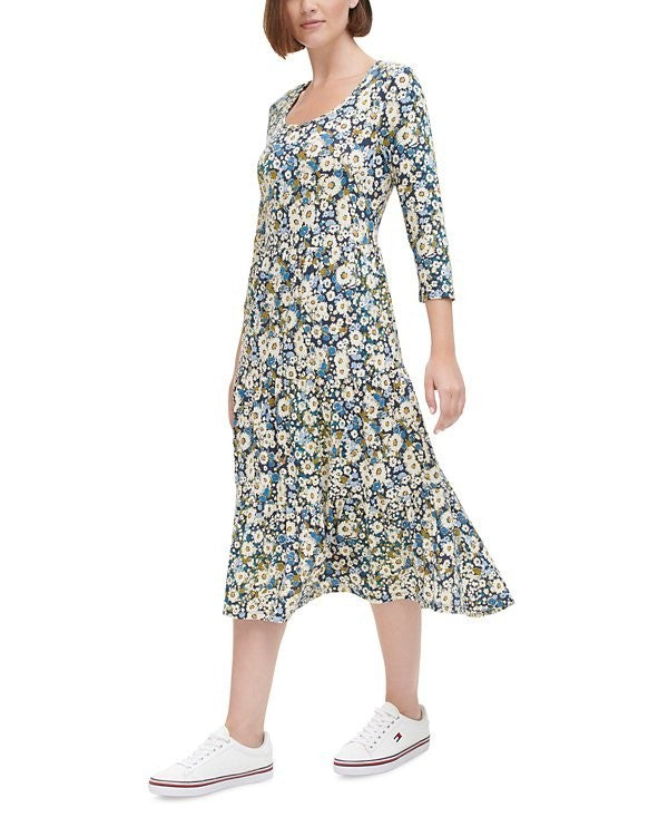 Tommy Hilfiger Floral-Print Tiered A-Line Dress SIZE L $89
