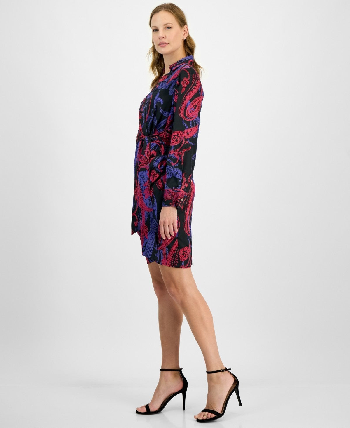 Tahari ASL Women's Printed Faux-Wrap Dress Black Blue Size 16 MSRP $139