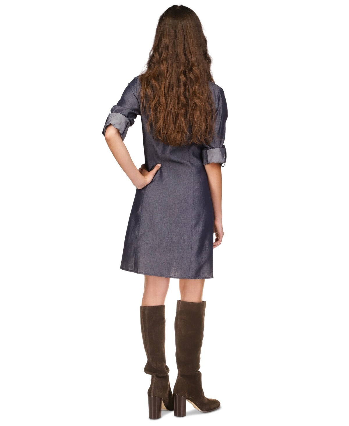 MICHAEL KORS Women Ruched-Front Roll-Tab-Sleeve Shirtdress Blue Size S MSRP $165