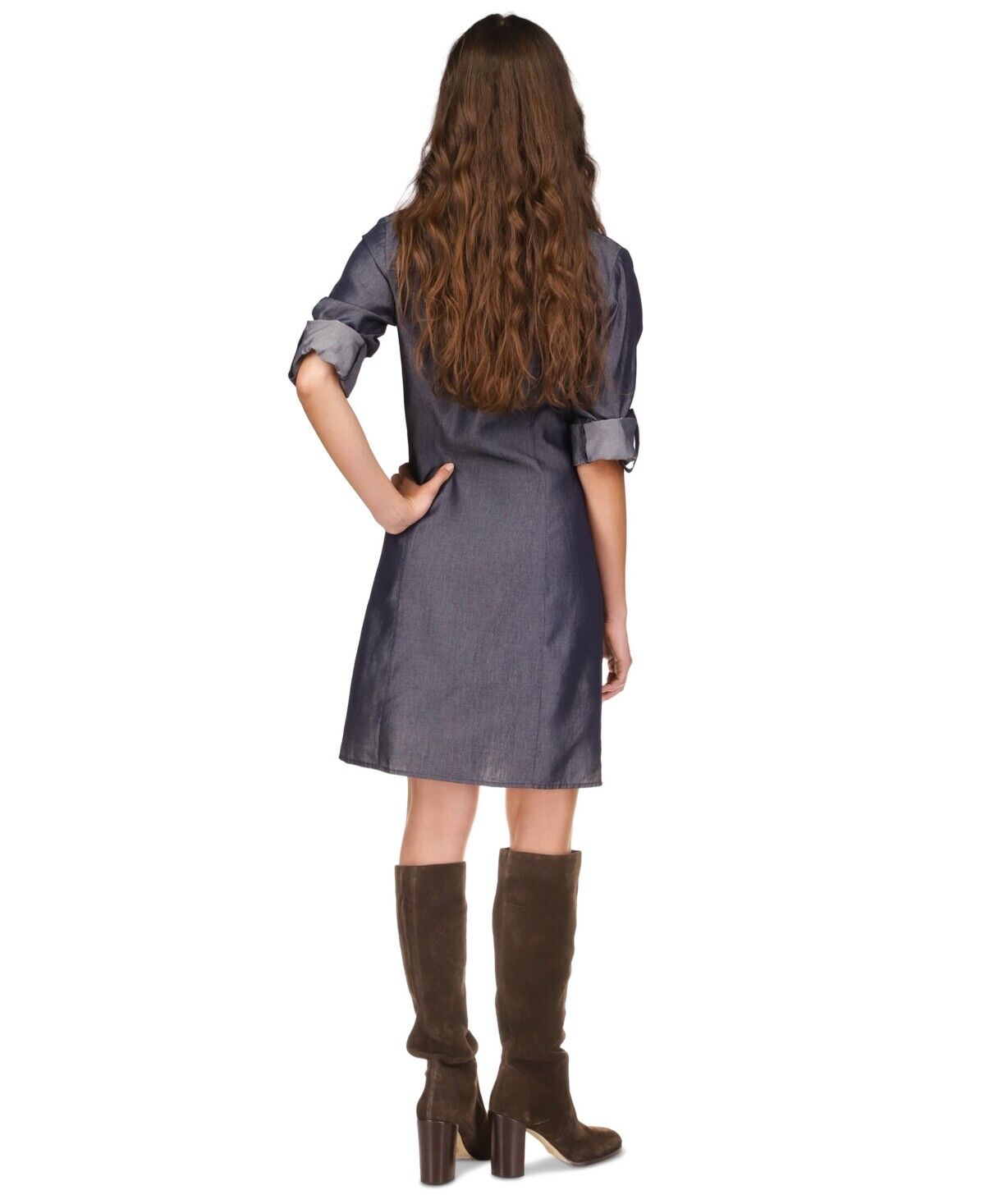 MICHAEL KORS Women Ruched-Front Roll-Tab-Sleeve Shirtdress Blue Size S MSRP $165