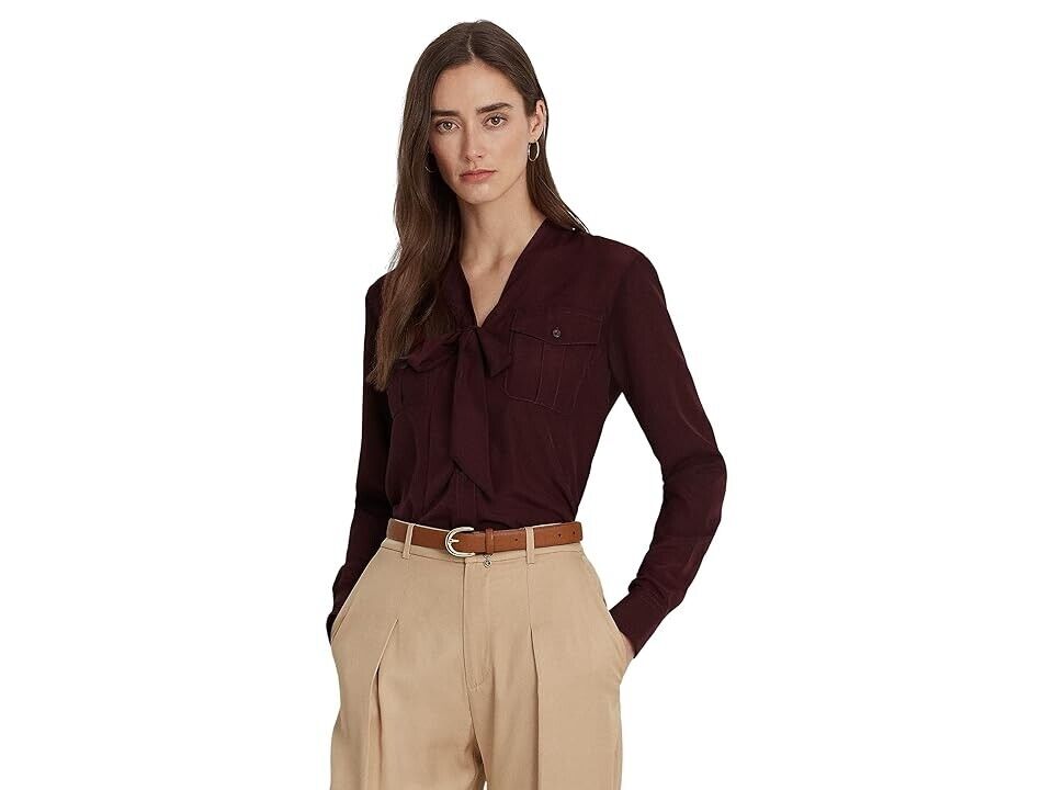 LAUREN Ralph Lauren Crepe Tie-Neck Shirt (Red Burgundy) Womens Size M MSRP $125