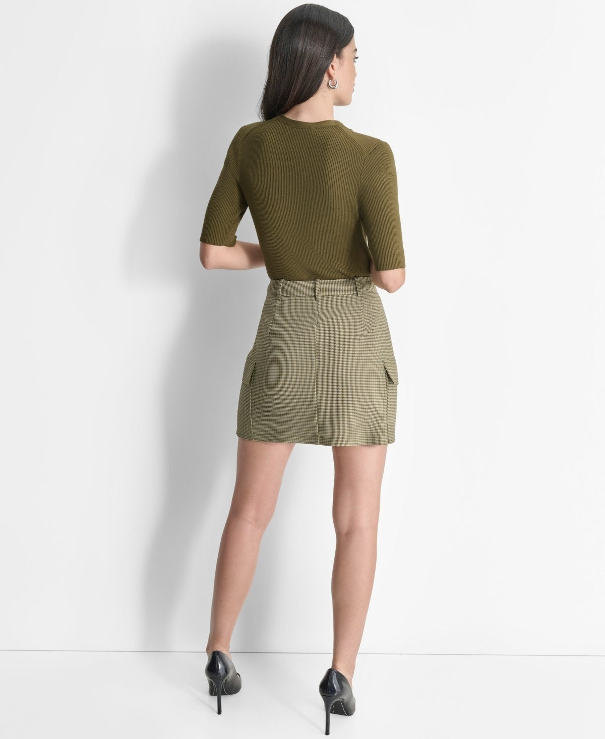 DKNY Women's Houndstooth Side-Pocket Mini Skirt Green Brown Size 12 MSRP $89