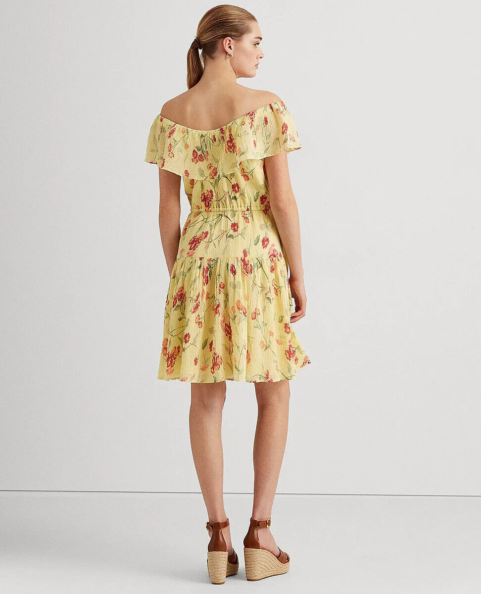 Lauren Ralph Lauren Floral Crinkled Cotton Dress Yellow Size 14 MSRP $145