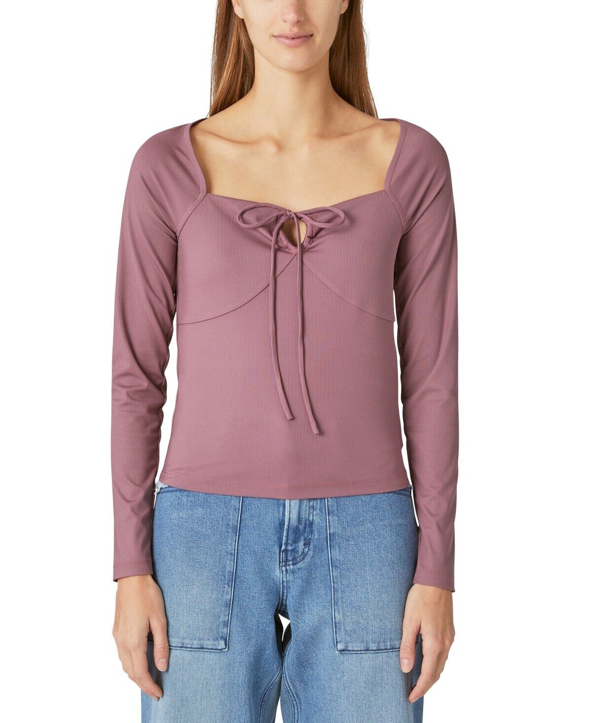 Lucky Brand Women's Ribbed Keyhole-Cutout Long-Sleeve Top Dull Pink Size M $60