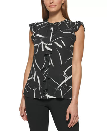 Dkny Petite Women Petite Ruffle Front Blouse Black Size PS MSRP $59