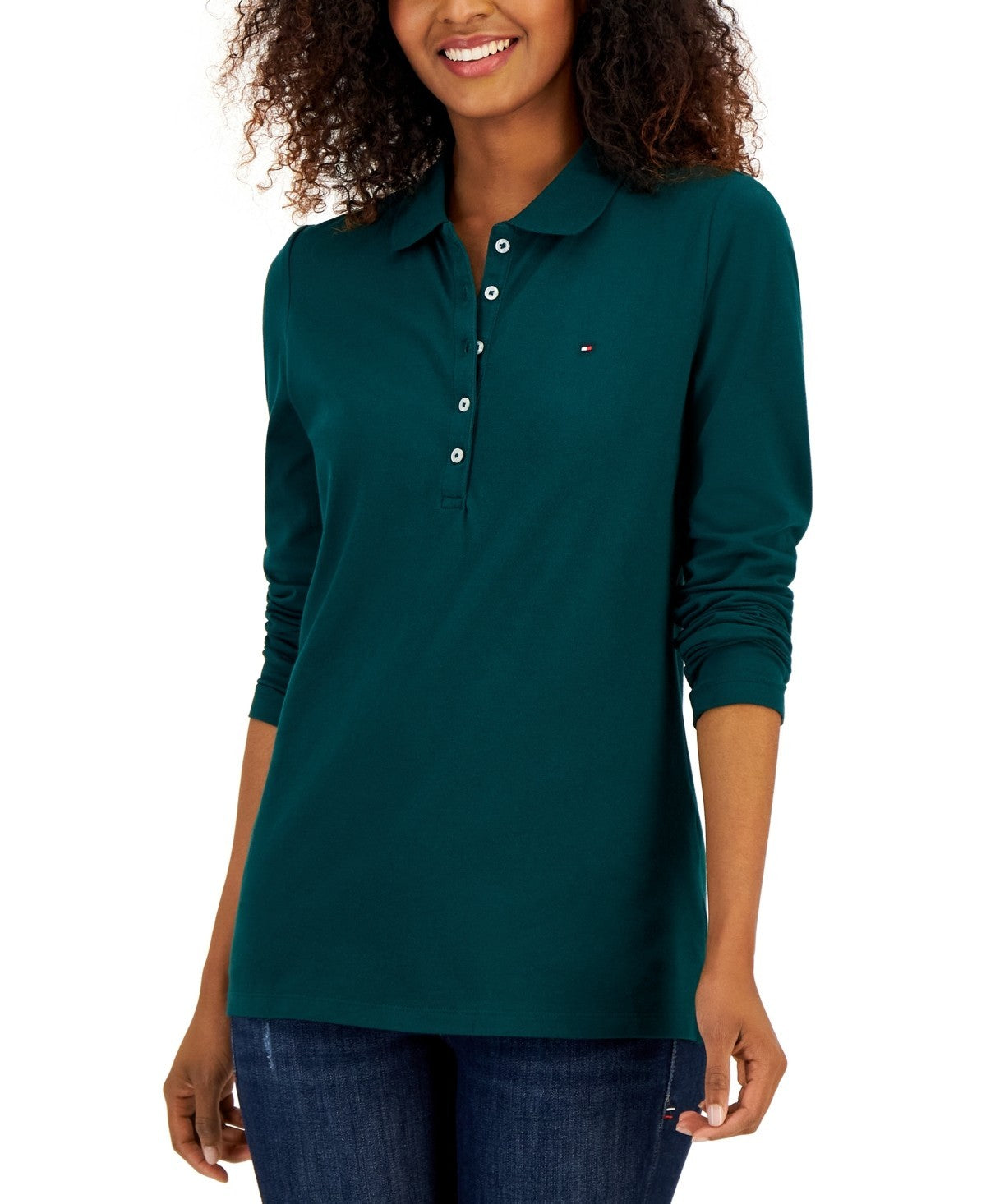Tommy Hilfiger Women's Logo Long-Sleeve Polo Shirt - Forest GREEN SZ XL $49