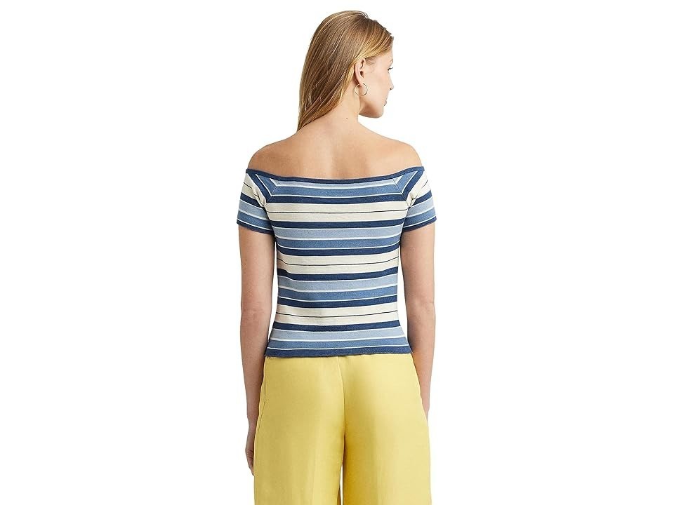 Lauren Ralph Lauren Womens Striped Off-The-Should Blue Size L MSRP $125