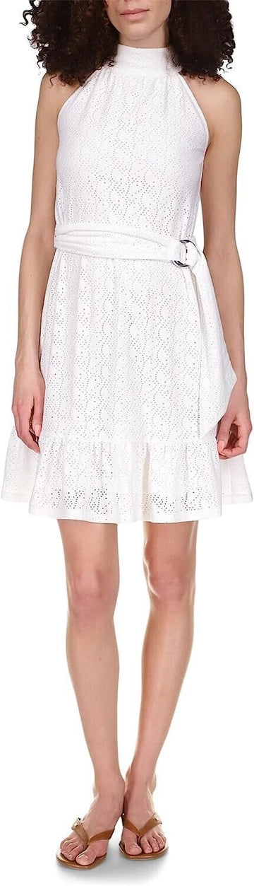 MICHAEL KORS Women's Eyelet Mock-Neck Mini Dress White Size XL MSRP $140