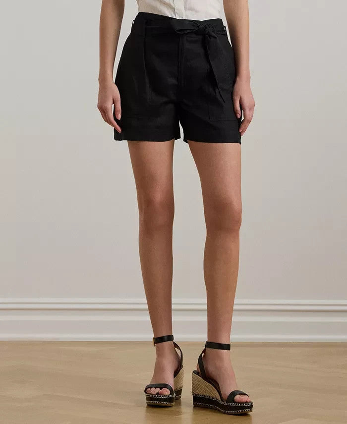 Lauren Ralph Lauren Women's Belted Linen Shorts Black Size 10 MSRP $80