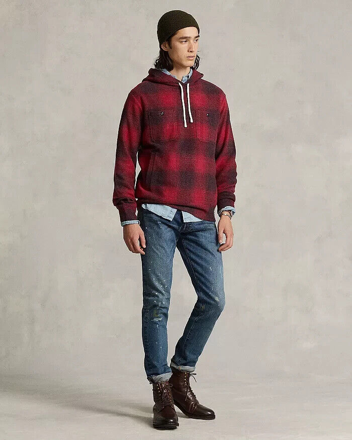 Polo Ralph Lauren Plaid Brushed Back Fleece Hoodie Red Size S MSRP $348