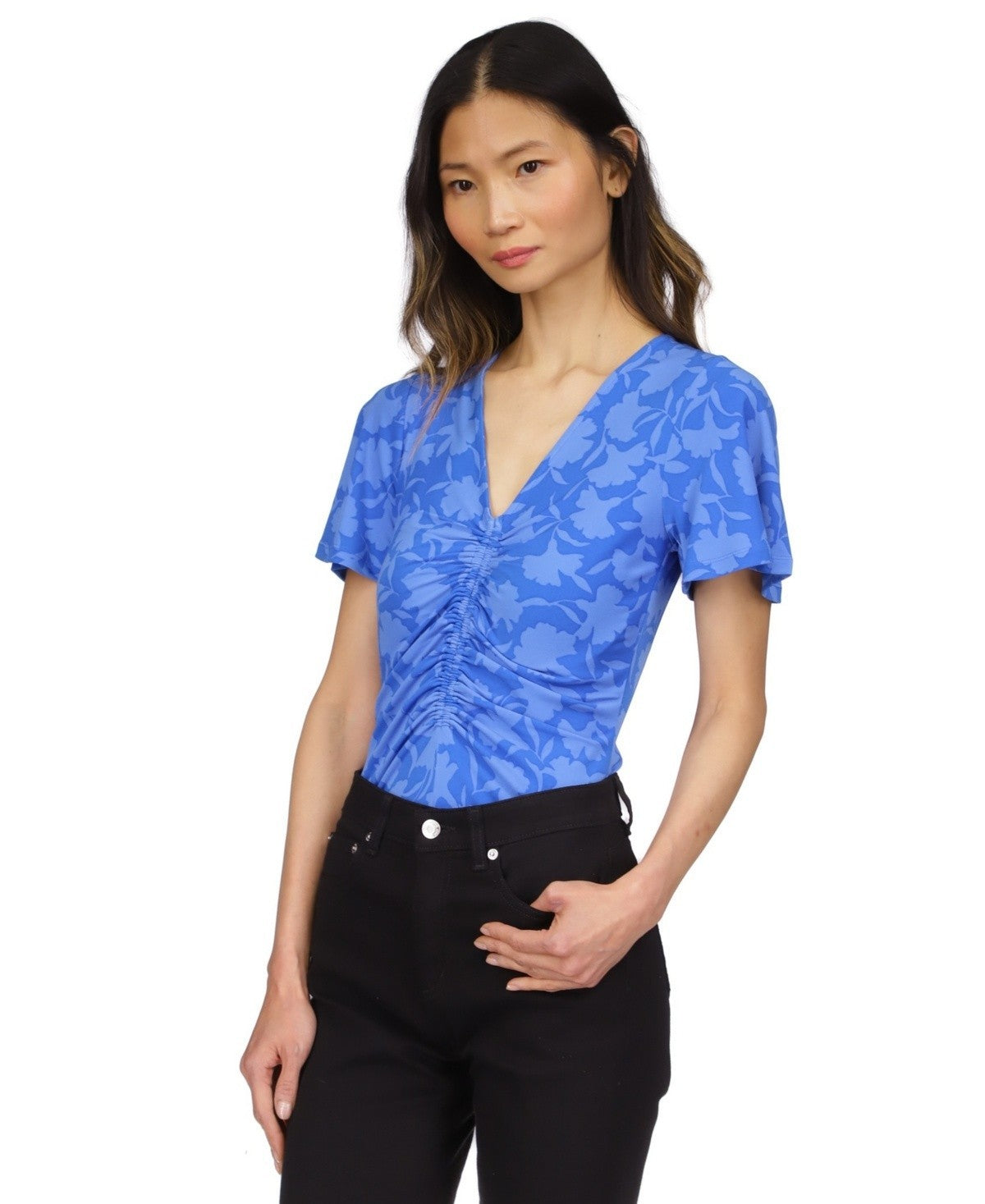 Michael Kors Women's Printed Ruched Flutter-Sleeve Top Blue Size XS MSRP $88