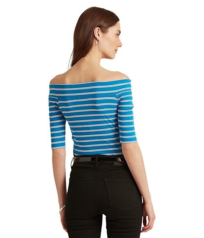 LAUREN Ralph Lauren Striped Off Shoulder Stretch Cotton Tee Blue Size S MSRP $60