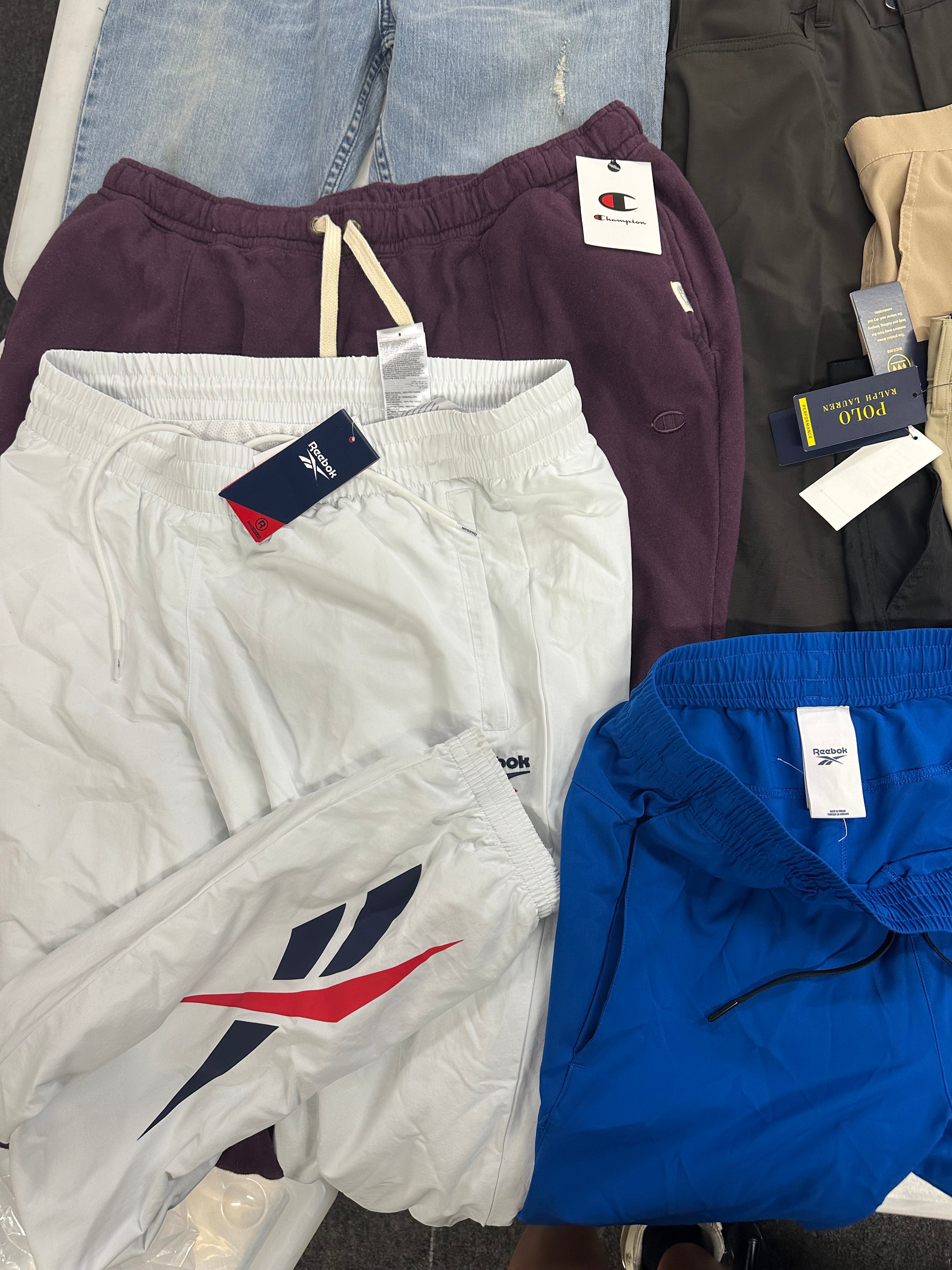 Men's Clothing Bottoms Wholesale Lot, POLO RALPH LAUREN, REEBOK, PGA TOUR, CHAMPION and more, 9 items, Shelf Pulls, MSRP $548