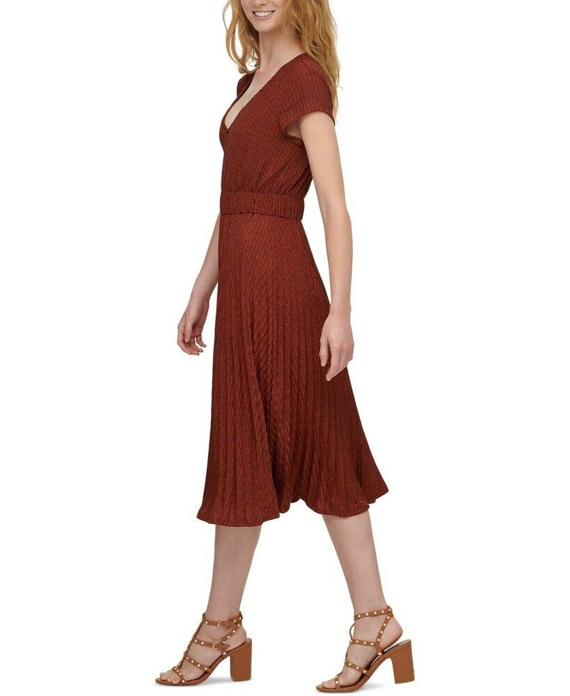 Dkny Women's Textured Midi V-Neck Knit Dress Rust Size XS MSRP $115