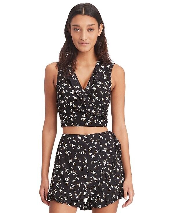 Tommy Jeans Women's Floral-Print Cropped Ruffled Top BLACK Size M MSRP $70