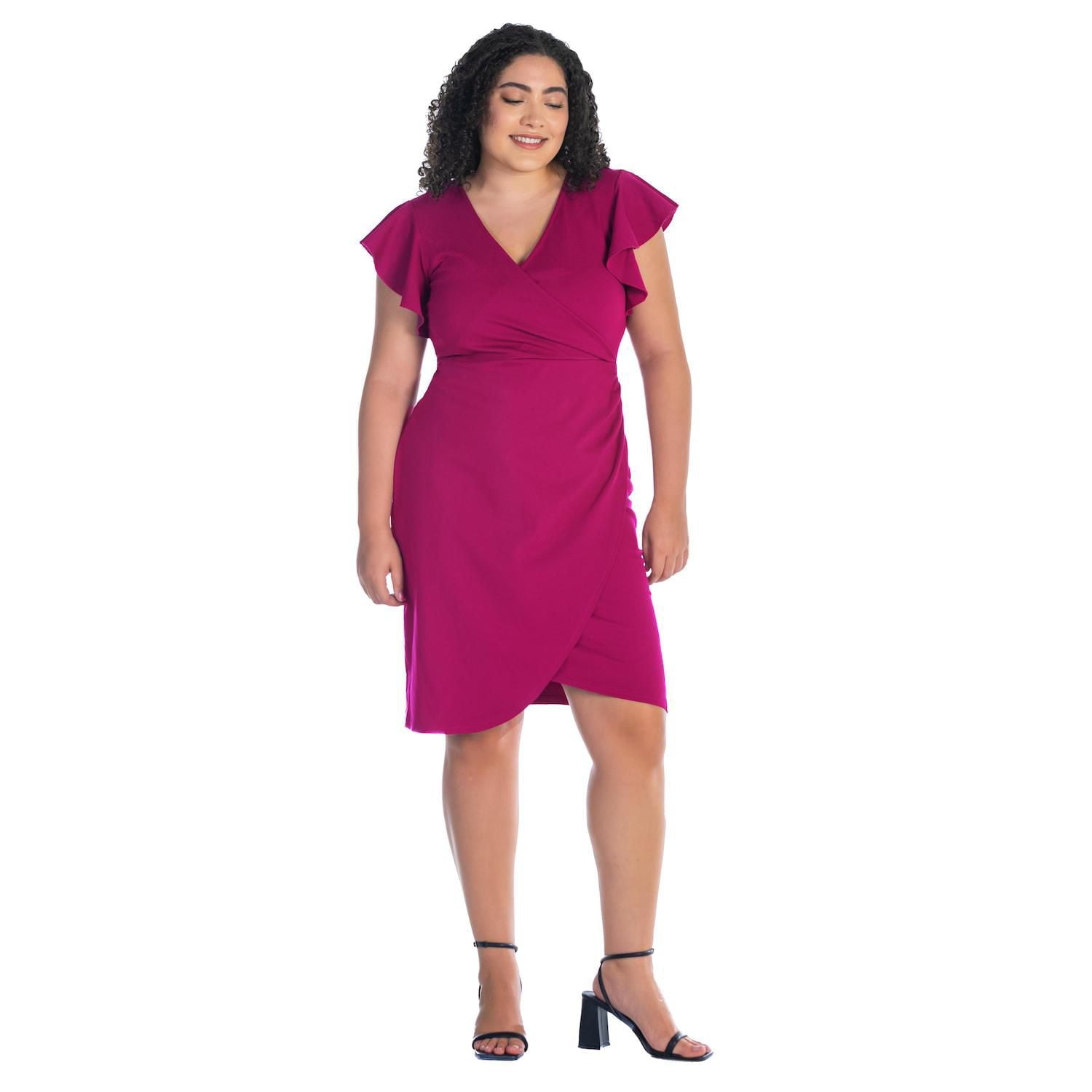 24Seven Comfort Apparel Ruffle Knee Dress Pink Magenta Plus Size 1X MSRP $97