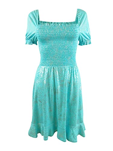 Michae Kors Women's Foil-Print Smocked Peasant Dress Size XL, Green Turquoise)