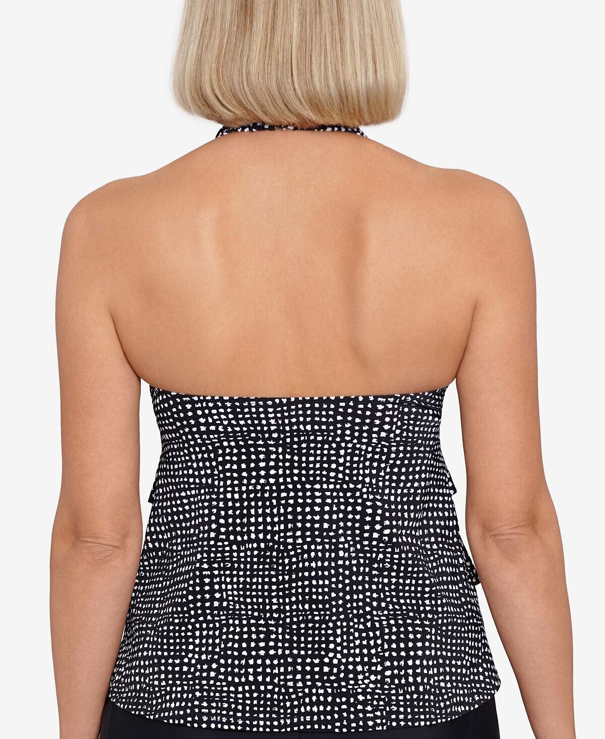 SWIM SOLUTIONS Women's Printed Tiered Halter Tankini Top Black Size 18 MSRP $72