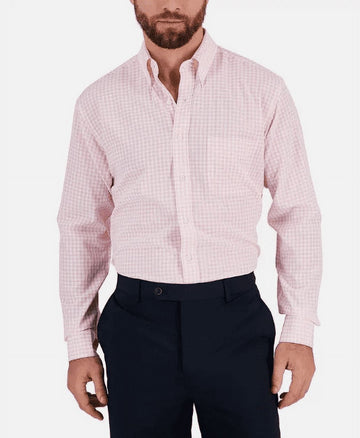 Club Room Mens Regular fit Dress Shirt Size 16.5 X 32-33 Pink Check MSRP $60
