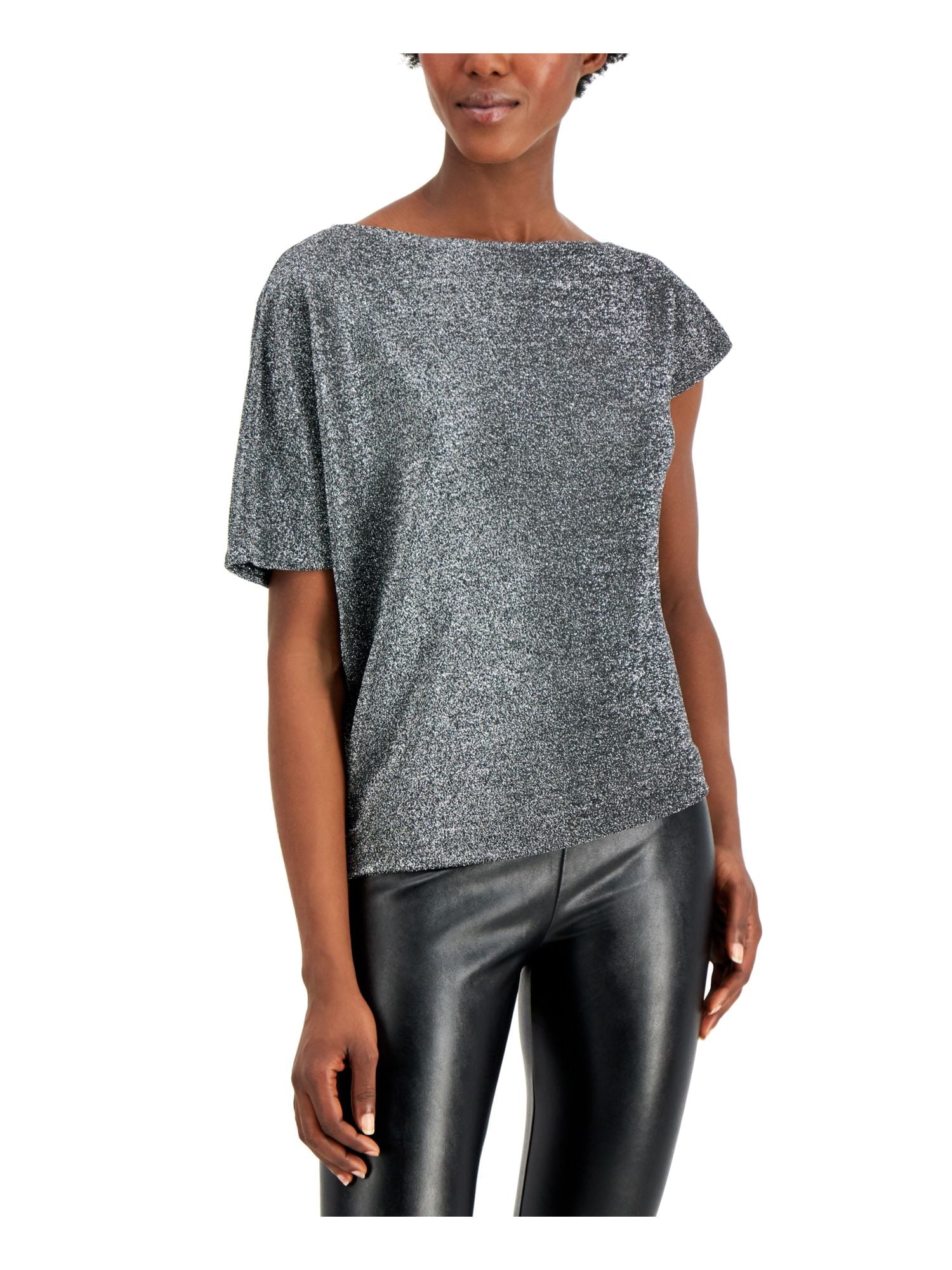 ALFANI Womens Silver Glitter Metallic Accents Short Sleeve Boat Neck Top Size XL