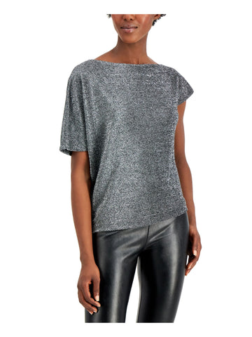 ALFANI Womens Silver Glitter Metallic Accents Short Sleeve Boat Neck Top Size XL