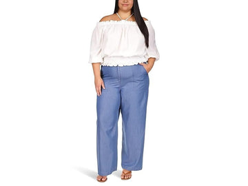 Michael Kors Women Plus Size 1X Wide-Leg Chambray Pants Blue MSRP $125