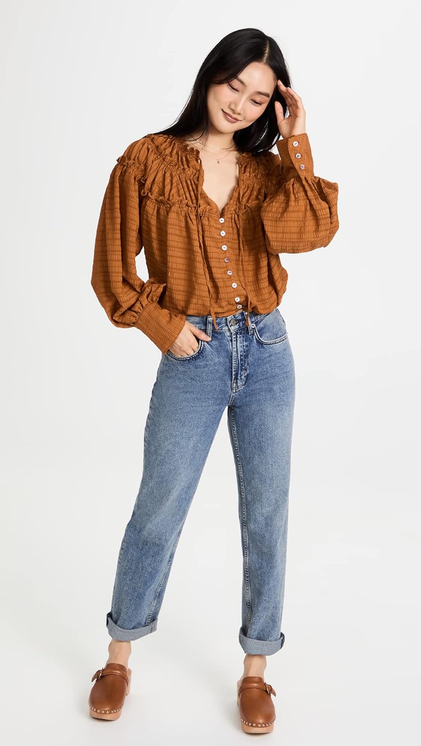 Free People Women's Hailey Blouse, Glazed Ginger, Orange, M