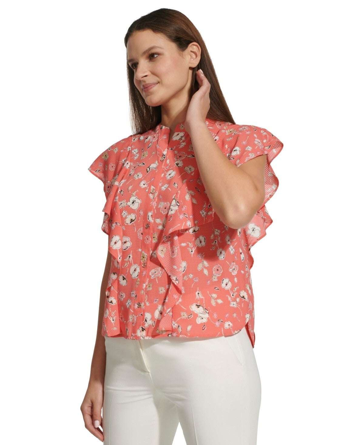 Tommy Hilfiger Women's Floral-Print Ruffled Blouse PINK Size L MSRP $69