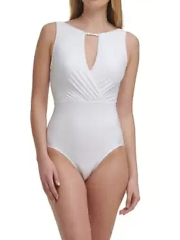 CALVIN KLEIN Women's White Tummy Control Keyhole High Neck One Piece Swimsuit 4