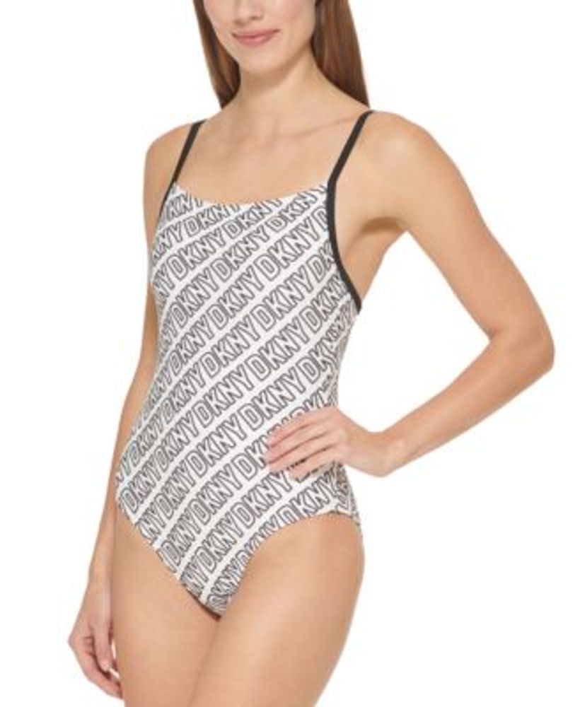 DKNY WHITE/BLACK Logo-Print One-Piece Swimsuit Swimwear, US Size L