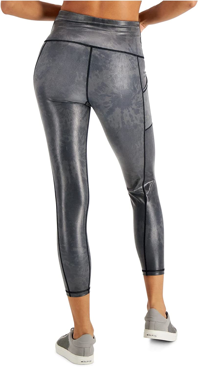 Ideology Women's Active Shine 7/8-Length Leggings Spiral Black Silver Size XL