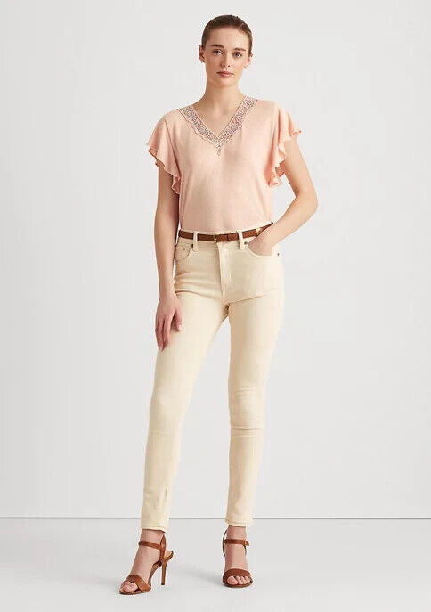 Lauren Ralph Lauren Linen-Blend Jersey Flutter-Sle Pale Pink Size PS MSRP $90