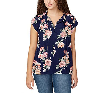 Buffalo Women's Top Size M Split V-Neck Flutter Sleeve Floral Blouse Blue Medium