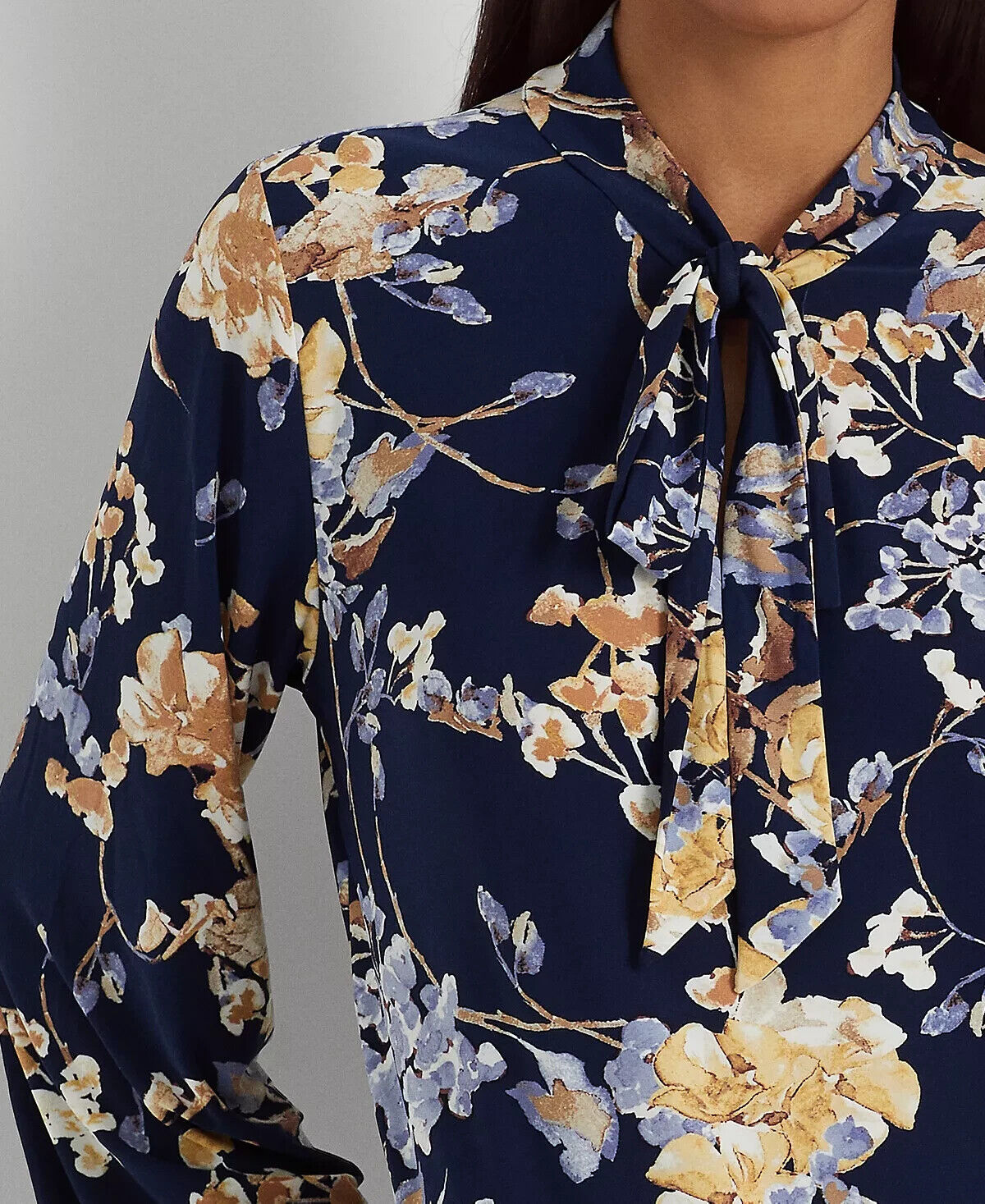 LAUREN RALPH LAUREN Women's Floral Tie-Neck Stretch Jersey Top Navy Size XS $125