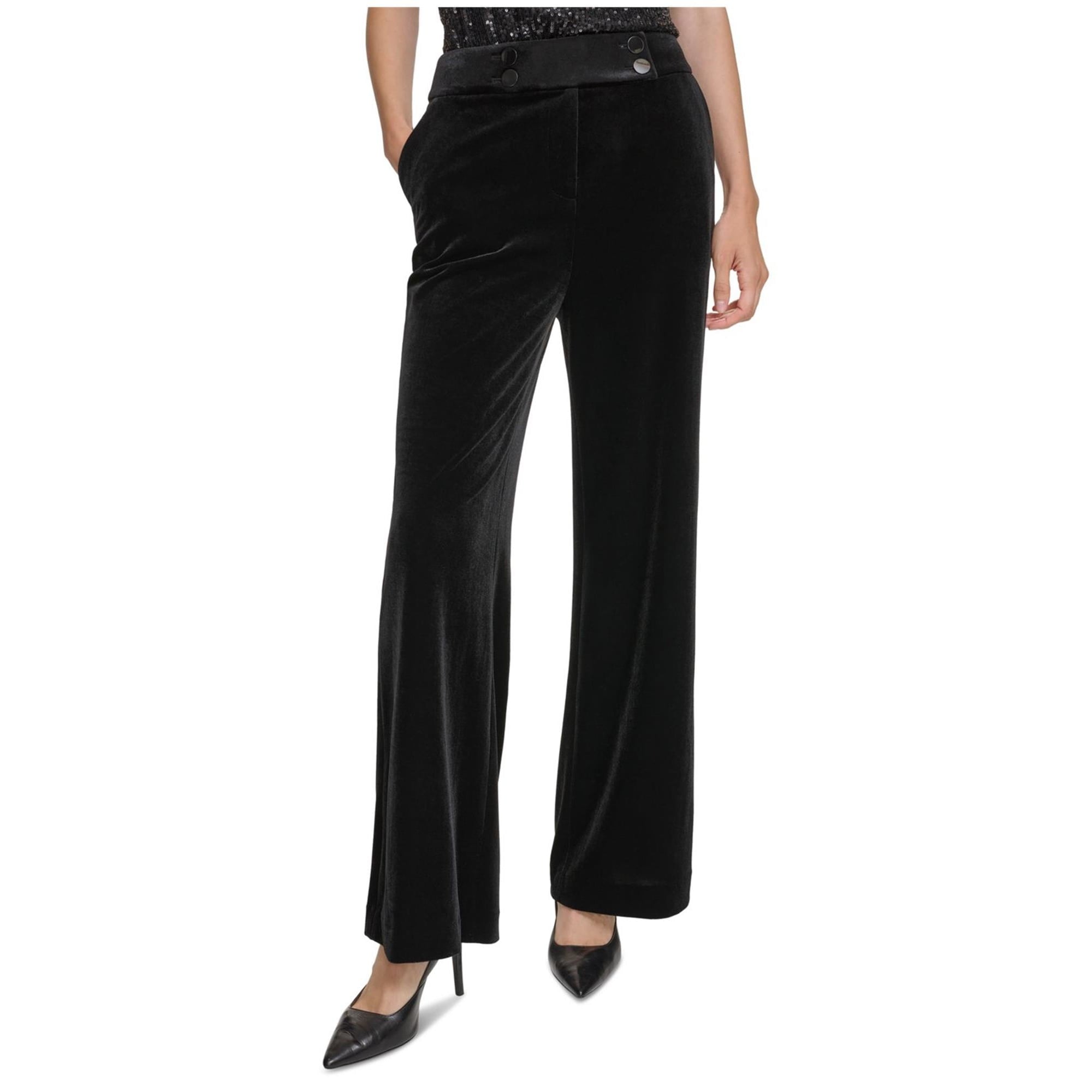 Calvin Klein Velvet High Rise Trouser Pants, Black, Petite Size 2P MSRP $109