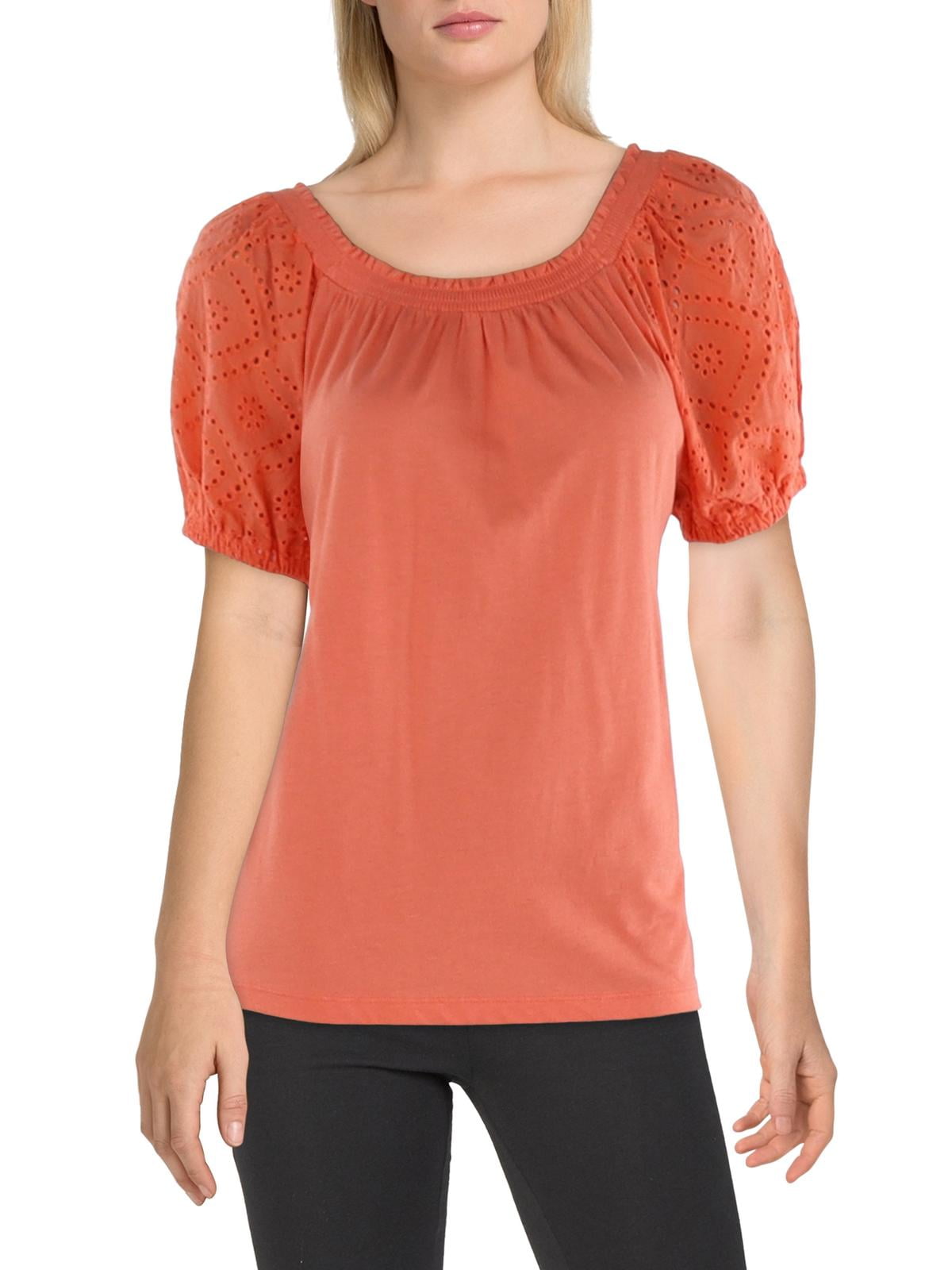 Jones New York Womens Petites Emrbroidered Smocked Pullover Top Size PM Orange