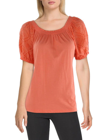 Jones New York Womens Petites Emrbroidered Smocked Pullover Top Size PM Orange