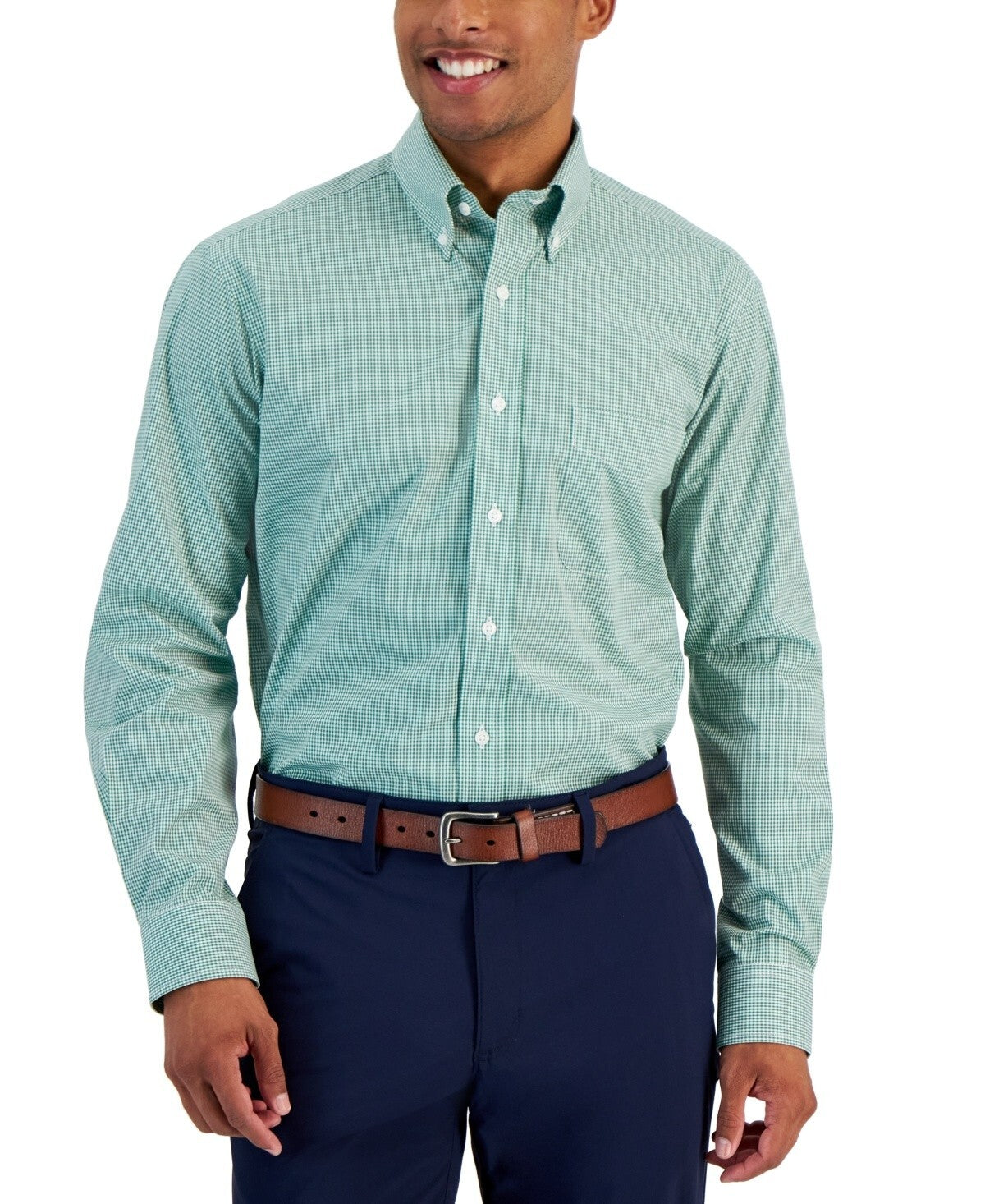 Club Room Regular Fit Mini Gingham Dress Shirt Green Size 17 x 32/33 MSRP $60