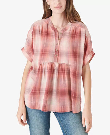 LUCKY BRAND Plaid Popover Top Blouse Pink Size XXL MSRP $80