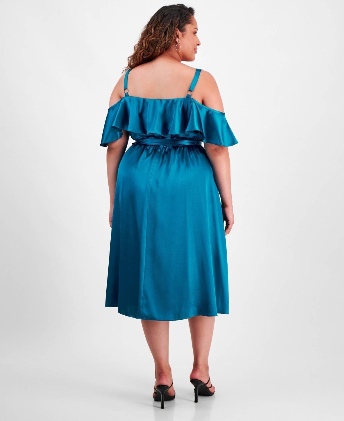 City Studios Ruffled Square-Neck Cold-Shoulder Midi Dress Blue Plus Size 2X $89