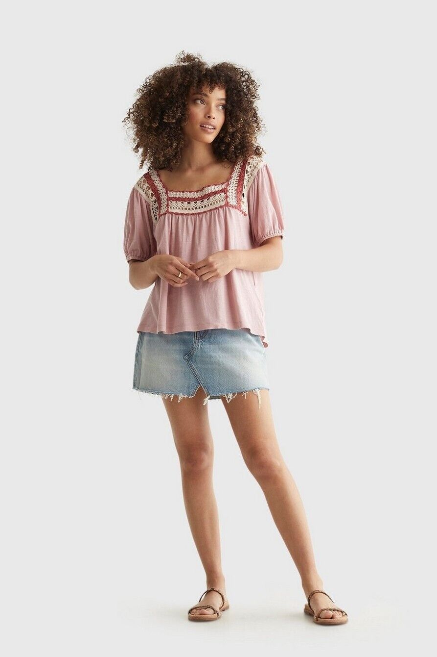 Lucky Brand Women's Square Neck Crochet Top Pink Size XS MSRP $70