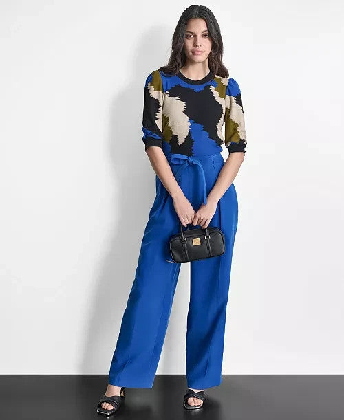 DKNY Women's Tie-Front Pleated Wide-Leg Pants Blue Size 12 MSRP $99